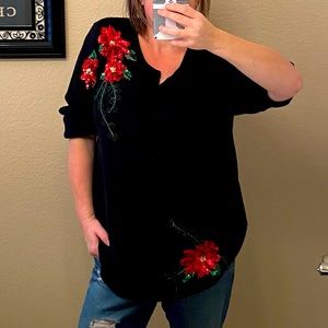 Quacker Factory Holiday sweater knit black & red